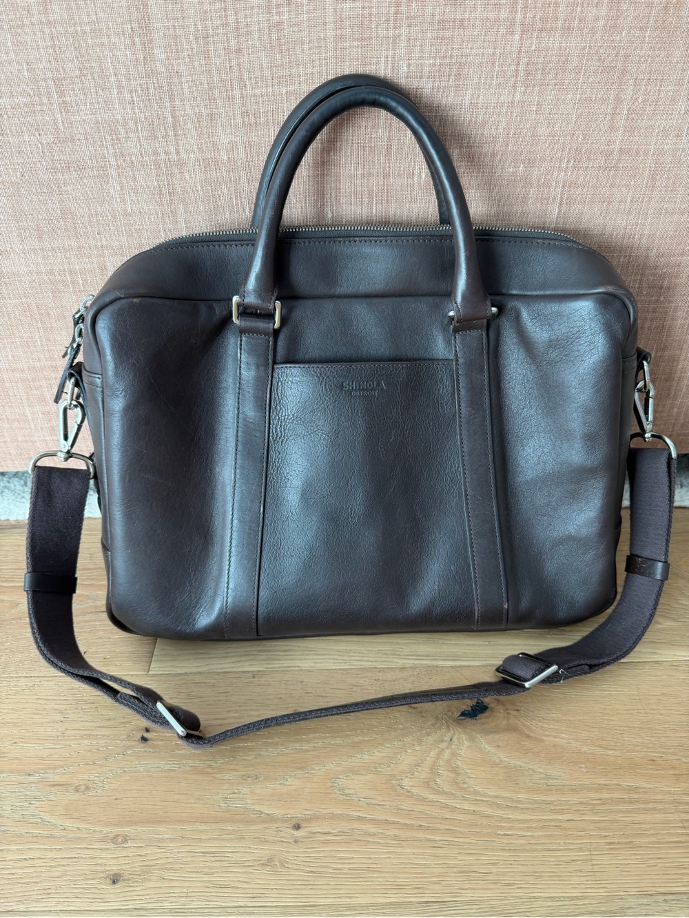 Shinola Dark Brown Leather Computer Briefcase with Detachable Strap